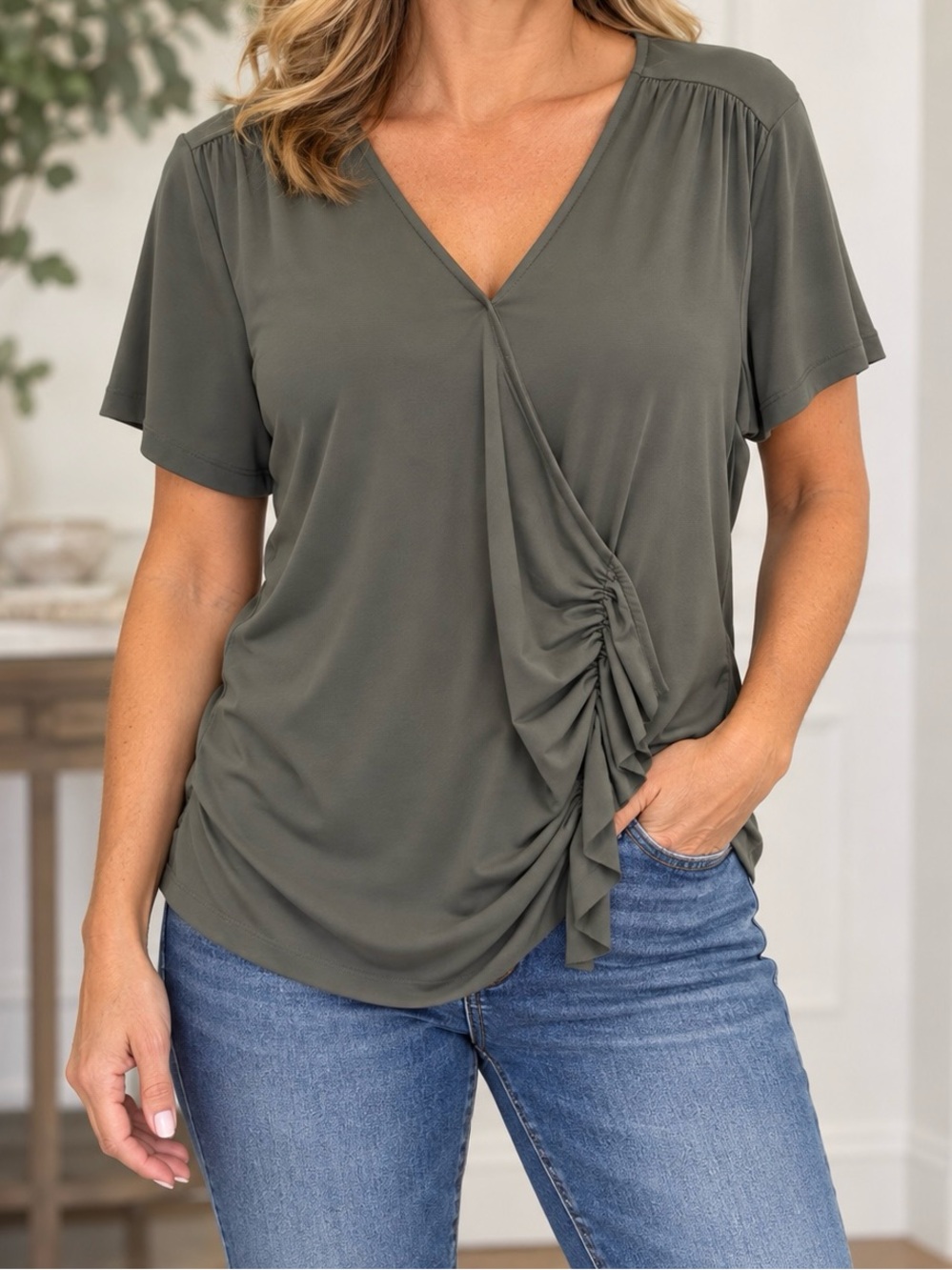 dressbarn Olive V-Neck Short Sleeve Ruched Side Blouse